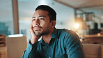 Businessman, tired and thinking with night, fatigue and time management or overtime. Journalist person, bored and low energy or sad for online deadline or reading article on computer in office