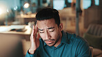 Night, business and man in office, headache and burnout with deadline, pressure and writer. Evening, person and journalist in workplace, migraine and tension with pain, stress and tired with fatigue