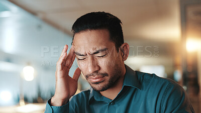Buy stock photo Night, business and man in workplace, headache and burnout with deadline, fatigue and writer. Evening, person and journalist with migraine, illness or tension with pain, stress or tired with pressure