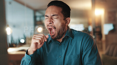 Buy stock photo Tired, businessman and night with yawn at office for overworked, fatigue or deadline. Exhausted, lazy man or sleepy employee working late in burnout for insomnia, pressure or rest at workplace