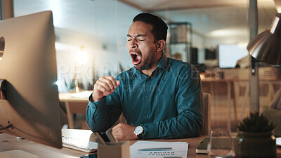 Buy stock photo Tired, businessman and night with yawn for fatigue, overworked or deadline at office desk. Exhausted, lazy man or sleepy employee working late in burnout for insomnia, pressure or rest at workplace