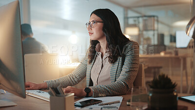 Buy stock photo Night, computer and business woman in office for reading email, audit report or payroll budget. Pc, serious accountant and check financial review, bookkeeping and tax compliance for deadline online