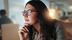 Business woman, thinking or night with glasses at office for problem solving, app or web design. Female person, employee or designer working late in wonder or thought for project decision or deadline