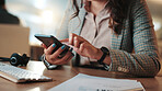 Business, hands and woman with phone in office for telemarketing schedule, mobile chat or email. Call center, consultant and typing on smartphone for calendar update, productivity and online research