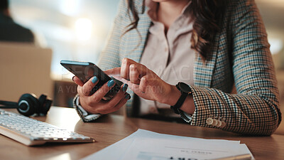 Buy stock photo Business, hands and woman with phone in office for telemarketing schedule, mobile chat or email. Call center, consultant and typing on smartphone for calendar update, productivity and online research