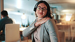 Frustrated, business woman and night with shoulder pain for fatigue or muscle tensin at office. Female person, consultant or agent working late with sore ache or injury for bad posture or overworked