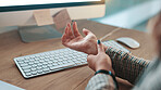 Business woman, hands and wrist injury on computer for carpal tunnel syndrome at office desk. Closeup, employee or overworked muscle pain with ache or discomfort for arthritis or joint inflammation