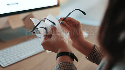 Buy stock photo Lens, hands and businesswoman wipe glasses in office for dust removal, clear vision and hygiene. Eye health, employee and cleaning eyewear for work preparation, dirt protection or prescription frame