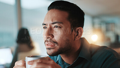 Buy stock photo Coffee, face and reading with business man in office at night for development. planning or research. Confused, information and thinking with employee drinking caffeine beverage at work on computer