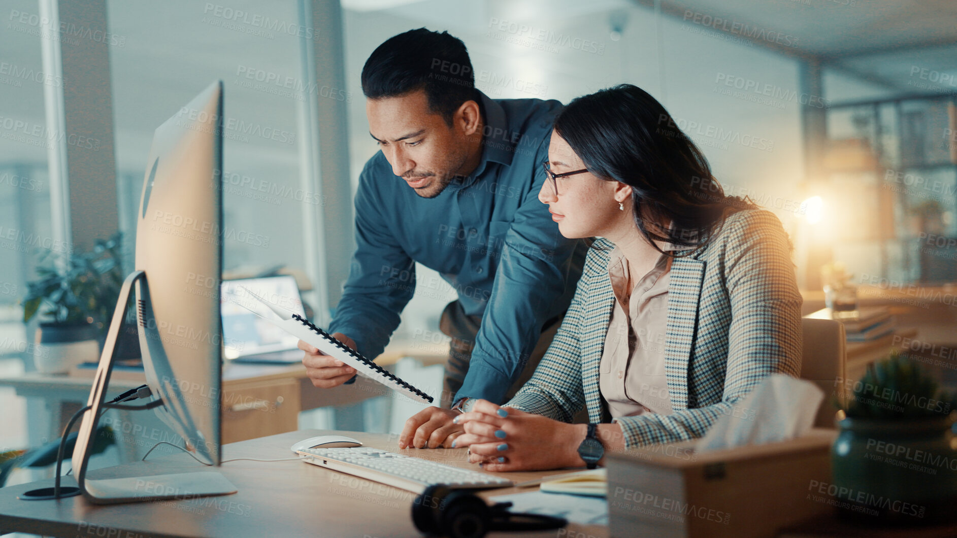 Buy stock photo Documents, manager or night with people in training for project deadline, help or journalism. Advice, employee or journalists in overtime with paperwork for business report, coaching or fact check