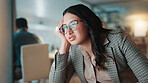 Tired, bored and night with business woman in office for stress, burnout and deadline pressure. Fatigue, exhausted and overworked with frustrated person in agency for 404 error, glitch and report