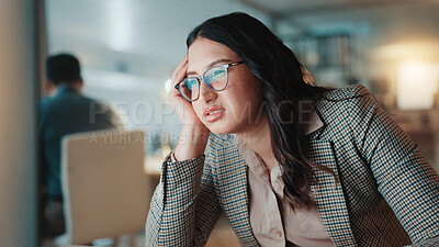 Buy stock photo Tired, bored and night with business woman in office for stress, burnout and deadline pressure. Fatigue, exhausted and overworked with frustrated person in agency for 404 error, glitch and report