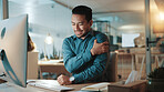 Frustrated, businessman and night with shoulder pain on computer for muscle tension at office. Man, employee or working late with sore arm, ache or injury for discomfort or bad posture at workplace