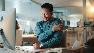 Buy stock photo Frustrated, businessman and night with shoulder pain on computer for muscle tension at office. Man, employee or working late with sore arm, ache or injury for discomfort or bad posture at workplace