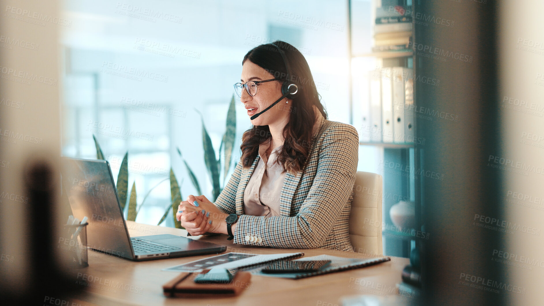 Buy stock photo Business woman, consultant and laptop with headset for communication or online advice at office. Female person, employee or agent talking on computer for virtual assistance, app or help at workplace