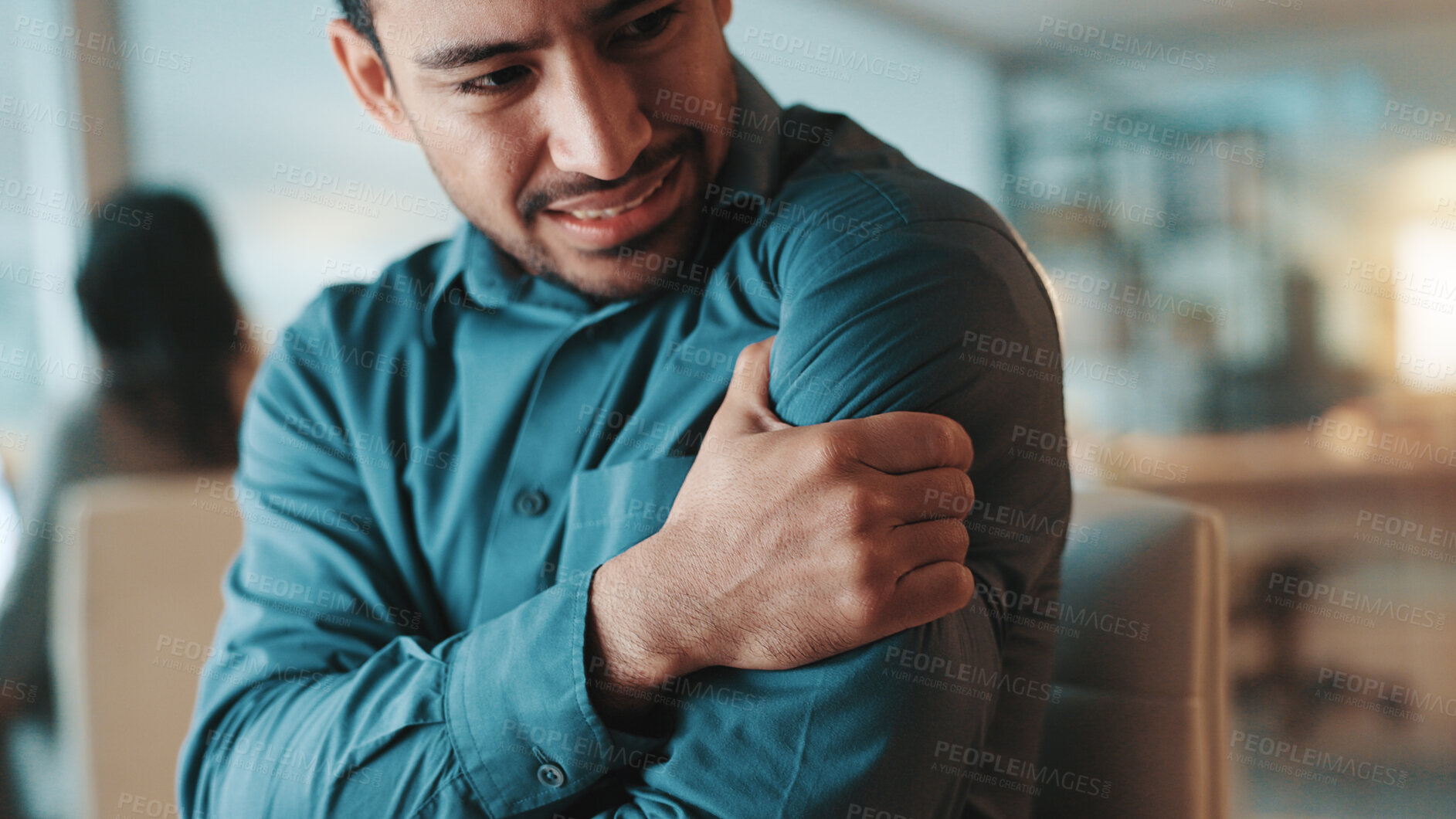 Buy stock photo Frustrated, businessman and night with shoulder pain for muscle tension or discomfort at office. Man, employee or working late with sore arm, ache or injury for strain or bad posture at workplace
