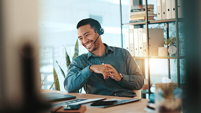 Buy stock photo Happy businessman, consultant and laptop with headset for communication or online advice at office. Man, employee or friendly agent talking on computer with smile for virtual assistance at workplace