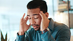 Night, business and man with headache, burnout and stress with deadline, pressure or writer. Evening, person and journalist in office, migraine or tension with pain, tired and overworked with fatigue
