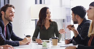 Buy stock photo Office, staff and businesswoman with feedback in meeting, briefing and creative expansion in agency. Boardroom, people or startup manager with cooperation for discussion, listening or team of writers