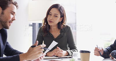 Buy stock photo Collaboration, documents and meeting with business people in office together for discussion or planning. Report, teamwork and update with employee group in boardroom for development workshop