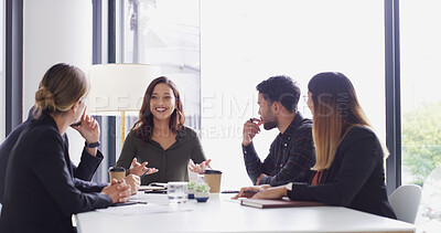 Buy stock photo Office, staff and businesswoman with discussion in meeting, briefing and creative expansion in agency. Boardroom, people and event manager with happiness for talking, listening and marketing team