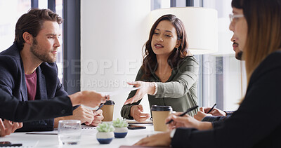 Buy stock photo Documents, meeting and teamwork with business people in office together for discussion or planning. Collaboration, report and update with employee group in boardroom for development workshop