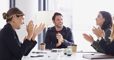 Buy stock photo Business people, happy group and applause in office for success, reward or milestone. Team, celebrate promotion or clapping for target with bonus, excellence or congratulations for great work results