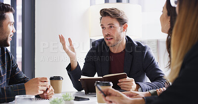 Buy stock photo Meeting, notebook and business people in office with manager for feedback on investment plan. Discussion, review and financial advisors brainstorming for company budget forecasting in collaboration.