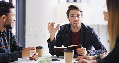 Buy stock photo Meeting, notebook and teamwork with business people in office together for discussion or planning. Collaboration, explain and schedule with employee group in boardroom for development workshop