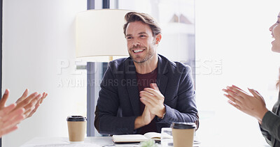 Buy stock photo Business man, happy group and applause with manager for success, investment profit and win. Team, celebrate promotion and clapping in office for goal achievement, financial growth or excellent work