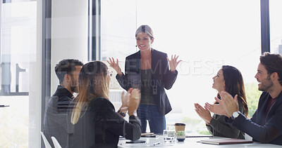 Buy stock photo Colleagues, applause and success for speaker, boardroom and woman with smile for proposal or praise. Happy, people and clapping for celebration in meeting, achievement and motivation for sales pitch