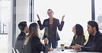 Business people, meeting and group in office, conversation and feedback for budget report. Employees, accounting and financial advisor in workplace, discussion and advice for profit growth or talking