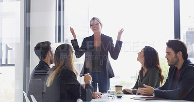 Buy stock photo Business people, meeting or group in office, conversation or feedback for budget report. Employees, accounting or financial advisor in workplace, discussion or advice for profit growth, glass or team