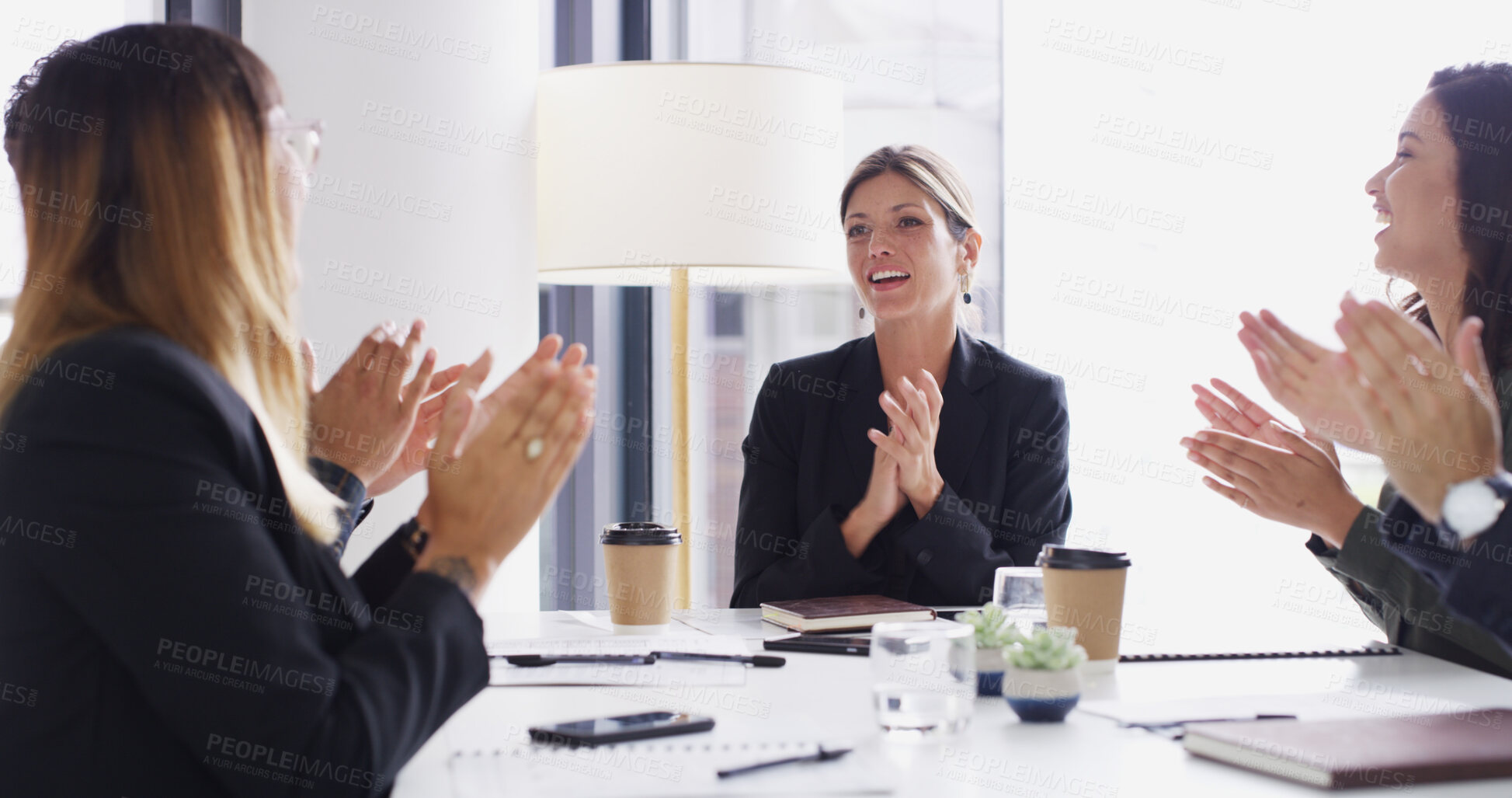 Buy stock photo Applause, meeting and teamwork with business people in office together for bonus or success. Collaboration, goals and target with employee group clapping in boardroom for development milestone