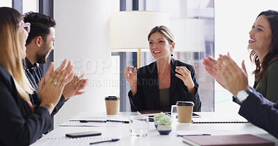 Buy stock photo Happy, woman and meeting with applause in office for good news, pitch success and job promotion. Manager, staff and praise for bonus achievement, team congratulations and celebration for announcement