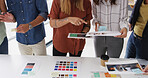 Color swatches, hands or people in meeting for brand choice, approval decision or planning. Teamwork, review or creative project manager with group, tablet or designers for company identity or task