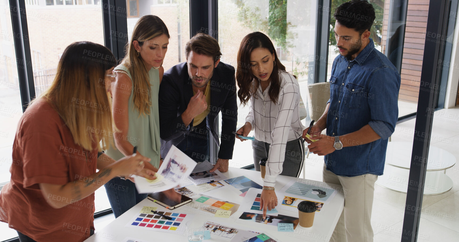 Buy stock photo Campaign, designers or people with teamwork for choice, branding and startup decision. Sticky note, review or creative project manager in business with group, ideas and meeting for color swatches