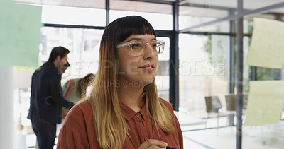 Buy stock photo Planning, scrum and reading with business woman in office for schedule, project timeline and reminder. Sticky note, brainstorming and task checklist with person in agency for design phase tracking