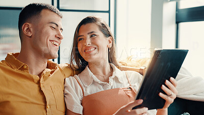 Buy stock photo Happy, couple and relax with tablet at house for social media, browsing internet and bonding. People, laugh and digital for streaming online, search movie and app subscription for film entertainment
