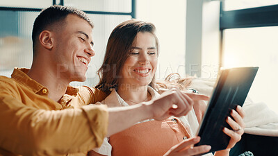Buy stock photo Smile, couple and pointing on tablet at house for social media, browsing internet and bonding. Happy, people and digital for streaming online, search movie and app subscription for film entertainment