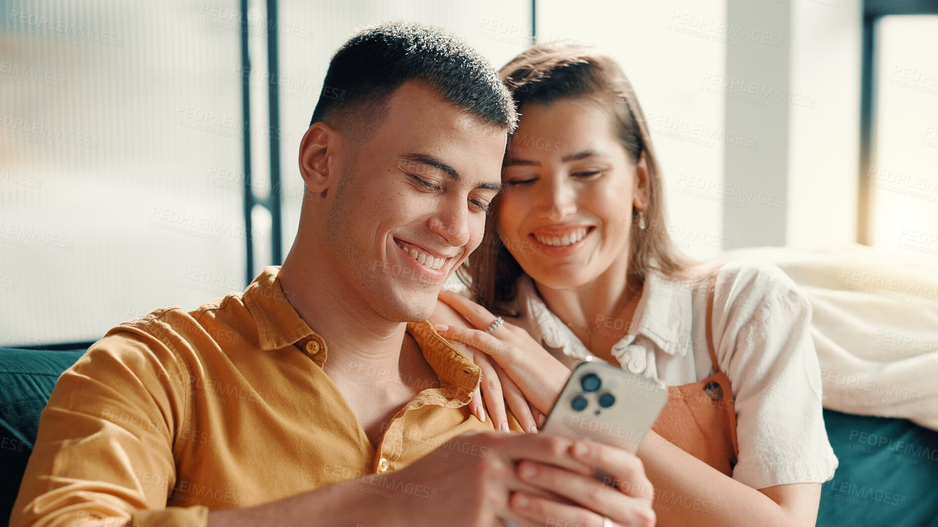 Buy stock photo Phone, relax and weekend with couple on sofa in living room of home for break or internet browsing. App, social media and text message with people in apartment for communication, connection or search