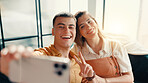 Selfie, happy and couple on sofa in home for relax with memory, profile picture or social media post. Smile, peace sign and man with woman for photography together in living room at apartment.