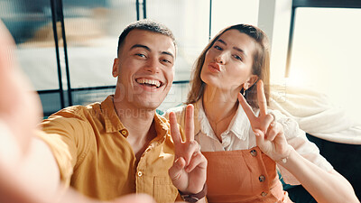 Buy stock photo Selfie, portrait and couple on sofa in home for relax with memory, profile picture or social media post. Happy, peace sign and man with woman for photography together in living room at apartment.