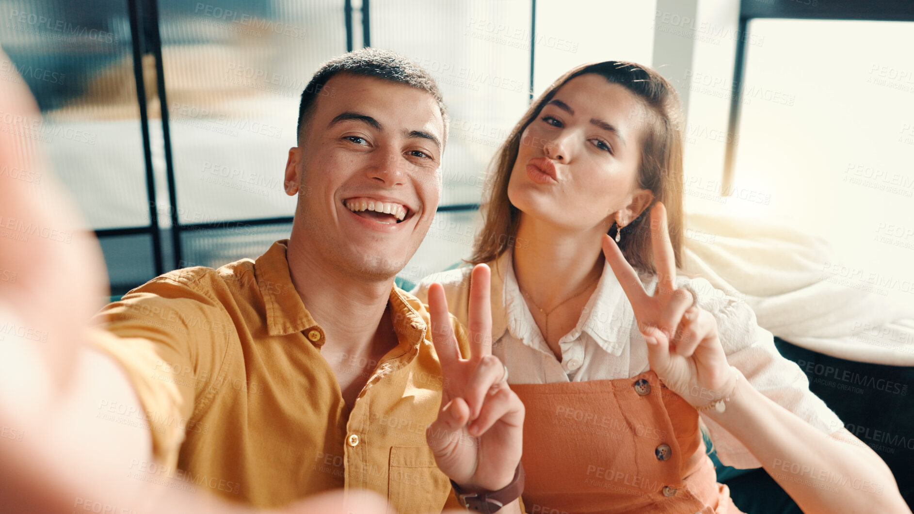 Buy stock photo Selfie, portrait and couple on sofa in home for relax with memory, profile picture or social media post. Happy, peace sign and man with woman for photography together in living room at apartment.