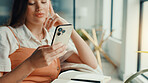 Phone, notebook and woman on sofa in home for finance journal, planning or investment information. Cellphone, diary and female person with research for online banking on mobile app in apartment.