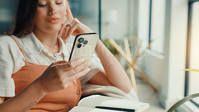 Buy stock photo Phone, notebook and woman on sofa in home for finance journal, planning or investment information. Cellphone, diary and female person with research for online banking on mobile app in apartment.