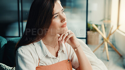 Buy stock photo Thinking, daydreaming and woman on sofa in home for planning day in living room in morning. Ideas, calm and female person relaxing with reflection, memory or nostalgia in lounge at apartment.