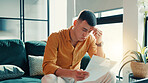 Stress, man and reading document at house financial crisis, payment notice and debt pressure. Frustrated, male person and paperwork for bank repossession, loan rejection and eviction letter in lounge