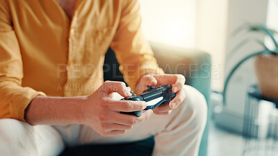 Buy stock photo Playing, games and hands with controller in home, living room and gamer with tech for entertainment. Online, player and person with console for virtual sport, chilling and subscription in apartment
