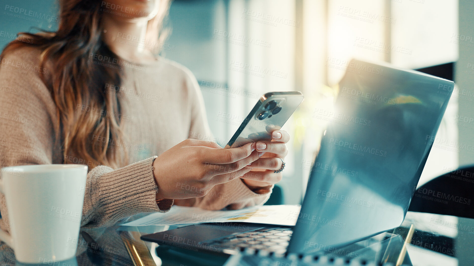 Buy stock photo Office, creative and hands with smartphone, laptop and research on social media, writer and website. Copywriting, employee and browsing for inspiration with mobile, typing and person with technology